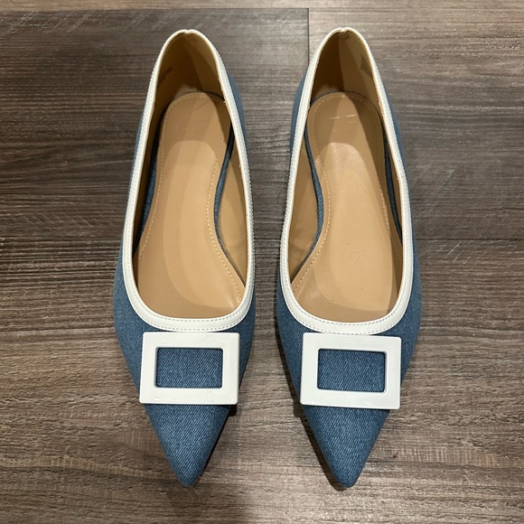 JustFab Taryn Blue Denim Buckle Pointed Ballet Flat - Picture 2 of 4